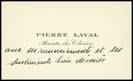 Carte de visite "Pierre Laval ministre des colonies" avec 2 lignes manuscrites. TB