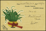 Carte postale "Interniertenpost. FM" de la Grande Caserne de Saint Denis avec au verso dessin peint : pot de muguet. TB