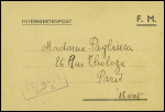 Carte postale "Interniertenpost. FM" de la Grande Caserne de Saint Denis avec au verso dessin peint : pot de muguet. TB