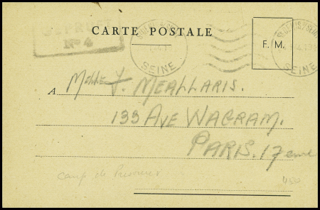 Carte postale FM obl. Saint Denis (1941) avec au verso autorisation imprimée de visite à un interné à la Grande caserne de Saint Denis. TB