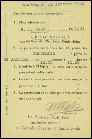 Carte postale FM obl. Saint Denis (1941) avec au verso autorisation imprimée de visite à un interné à la Grande caserne de Saint Denis. TB