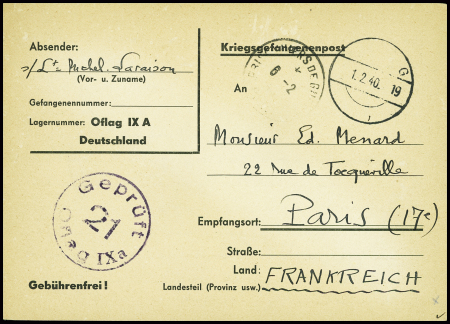 Postkarte "Kriegsgefangenenpost" d'un prisonnier français en Allemagne avec CAD "prisonniers de guerre Paris" (6.2.40). Les plis de PG pendant la drôle de guerre sont RR. TB