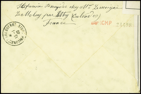 N°375 obl. Littry Calvados sur lettre d'une internée allemande avec censure "Ouvert par l'autorité militaire UP 50" et au verso CAD "prisonniers de guerre Paris" (13.1.40). Rare et TB