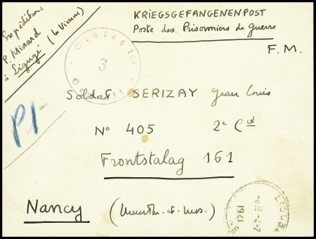 Carte en franchise adressée au frontstalag 161 de Nancy avec cachet violet "Stalag 161 3 gepruft". TB