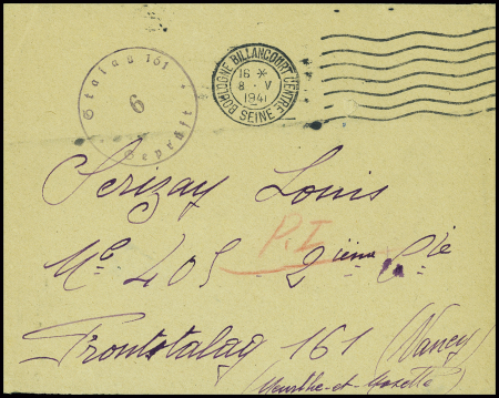 Lettre en franchise de Boulogne Billancourt (1941) adressée au frontstalag 161 de Nancy avec cachet violet "Stalag 161 6 gepruft". TB