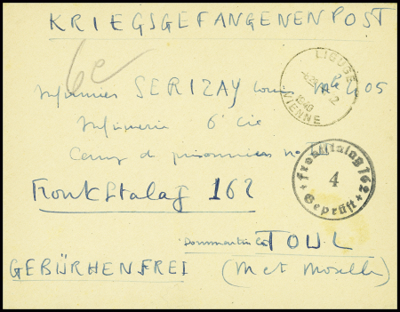 Lettre en franchise adressée à un PG français au frontstalag 162 de Toul avec cachet noir "frontstalag 162 4 gepruft". TB