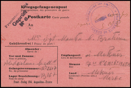 Postkarte sur carton rose avec mention imprimée "Front-stalag 184 Angoulême-France et griffe noire "Frontstalag gepruft n°6" adressée au Maroc par un PG arabe. TB