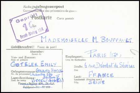Postkarte d'une internée anglaise au Grand Hôtel de Vittel (Vosges) avec cachet rect violet "gepruft 10 front-stalag 194" (1942). TB
