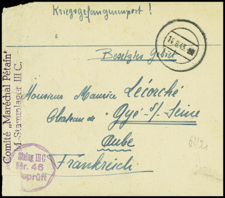 Lettre en franchise avec griffe violette "Comité Maréchal Pétain 1 Stammlager IIIC" (1943). TB