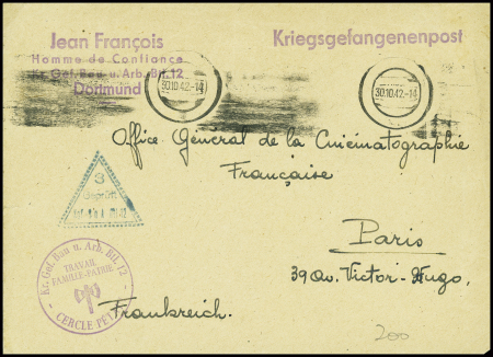 Lettre en franchise avec griffe violette "Jean François homme de confiance Dortmund" + cachet violet avec francisque "KR. Gef. Bau U Arb. BTL 12