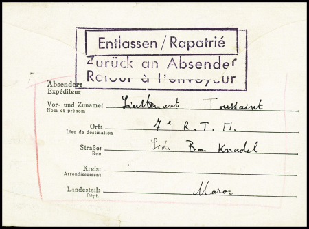 Formule Kriegsgefangenenpost adressée à l'Oflag VA" avec griffes encadrées "Entlassen / rapatrié" et "Zuruck an Absender retour à l'envooyeur". TB