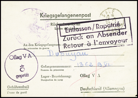 Formule Kriegsgefangenenpost adressée à l'Oflag VA" avec griffes encadrées "Entlassen / rapatrié" et "Zuruck an Absender retour à l'envooyeur". TB