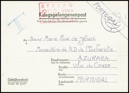 Formule Kriegsgefangenenpost avec cachet rect rouge "stalag 228 XVIIA" adressée à Azurara (1942) Portugal, destination rare. TB