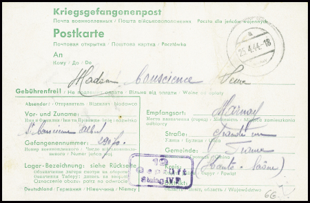 Postkarte avec inscriptions imprimées en vert bilingues Allemand / Russe utilisée par un PG français (avril 1944). TB