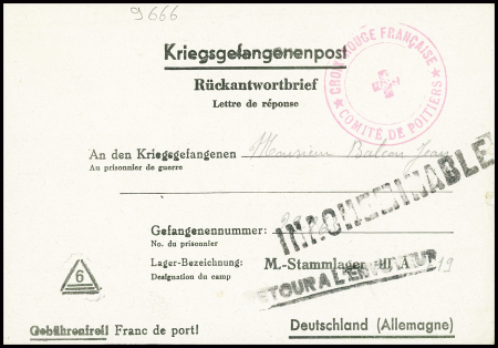 Formule réponse "Kriegsgefangenenpost " avec cachet rouge "Croix-Rouge française comité de Poitiers" adressée au stalag IIIA (18.2.45) avec griffes noires