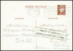 Entier carte postale 1F20 Pétain obl. Paris 120 (3.11.42) pour Agadir (Maroc) avec cachet rect noir "retour à l'envoyeur acheminement impossible". TB