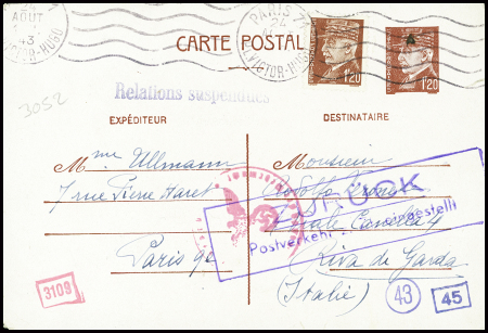 Entier carte postale 1F20 Pétain avec n°515 en complément obl. Paris 71 (24 aout 43) pour Riva de Garda (Italie) avec griffe violette "Relations suspendues" et cachet rect violet