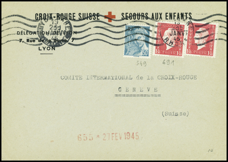 N°549 + 691, 2 pièces obl. Lyon-gare (19.1.1945) sur lettre à en-tête "Croix-Rouge Suisse - secours aux enfants" adressée à la Croix-Rouge de Genève. TB