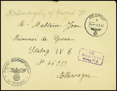 Lettre en franchise avec CAD "Feldpost" (4.9.40) + cachet noir avec aigle "Standortkommandantur Le Creusot". TB
