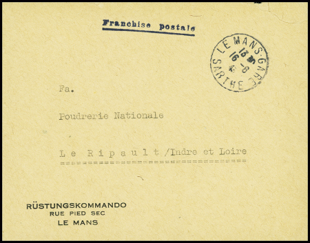 Lettre en franchise avec CAD "Le Mans-gare Sarthe" (1943) avec griffe noire "Rustungskommando rue pied sec Le Mans". TB