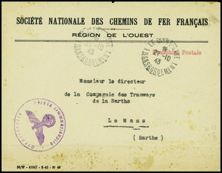Lettre en franchise à en-tête de la SNCF avec CAD "Le Mans-gare transbordement" (1943) et cachet violet avec aigle "Dienstelle feldpostnummer 58740". TB