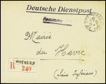 Lettre en franchise recommandée avec griffe "Deutsche Dienstpost" + CAD "Amiens chargements" (1942) et au verso griffe noire "Feldkommandantur Amiens Abt. D/ Arbeitseinsatz". TB