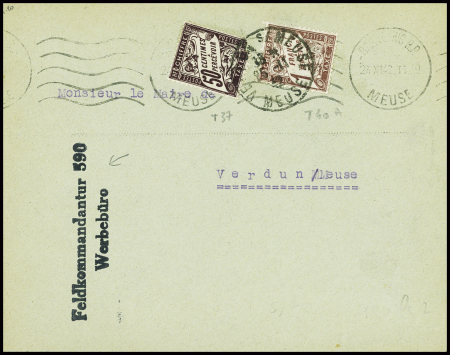 Lettre de Bar le Duc (1942) avec griffe noire "Feldkommandantur 590 Werbeburo" avec timbres taxe n°37 + 40 obl Verdun. TB