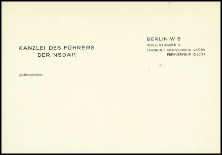 Papier à lettre vierge de Hitler à en-tête "Kanzlei des Fuhrers des Nsdap Berlin W8 voss-strasse 4". RR et TB