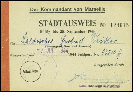 Carte de laissez-passer à en-tête "Der Kommandant von Marseille-Stadtausweis" (7.8.44) valable jusqu'au 30 sept 1944. TB