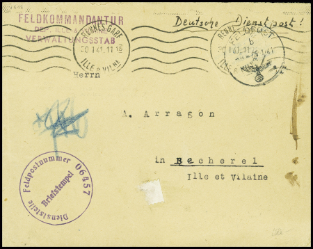 Lettre en franchise avec obl. mec de Rennes-gare (1941) avec griffe violette "Feldkommandantur dep Ille & Vilaine verwaltungsstab" et cachet rond violet