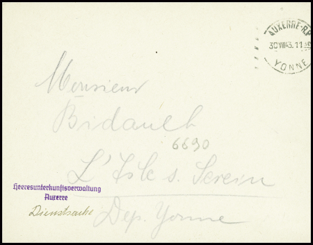 Lettre en franchise avec obl. Mec "Auxerre RP Yonne" (1943) + petiite griffe noire violette "Heeresunter Kunstverwaltung Auxerre". TB