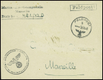 Lettre en franchise avec CAD "feldpost" (1943 + griffe noire "Marine-Ausrustungstelle Marseille" et cachet noir avec aigle "Kriegsmarine - Marine ausrustungstelle Marseille"