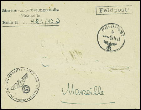 Lettre en franchise avec CAD "feldpost" (1943 + griffe noire "Marine-Ausrustungstelle Marseille" et cachet noir avec aigle "Kriegsmarine - Marine ausrustungstelle Marseille"