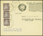 Lettre non affranchie avec obl. Mec "Marseille St Ferreol Bches du Rhone" (1943) + griffe bleue "Prufstelle III des Okh Aussenstelle Marseille" et mention dactyl