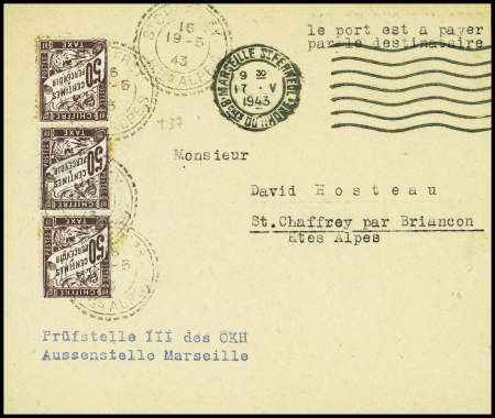 Lettre non affranchie avec obl. Mec "Marseille St Ferreol Bches du Rhone" (1943) + griffe bleue "Prufstelle III des Okh Aussenstelle Marseille" et mention dactyl