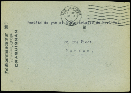 Lettre en franchise avec obl mec "Toulon-s-Mer Var" (1944) + griffe noire "Feldkommandantur 807 Draguignan". Rare et TB