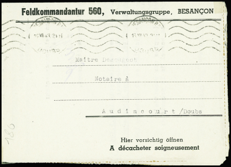 Formule en franchise à en-tête "Feldkommandantur 560 Verwaltungsgruppe, Besançon" (1943). TB