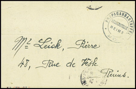 Lettre en franchise avec cachet noir "Propaganda staffel aussenstelle Reims NO" (1942). TB