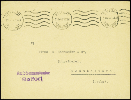 Lettre en franchise avec obl. Mec de Belfort (1942) + griffe violette "Kreiskommandantur Belfort". Jolie pièce