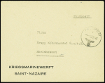 Lettre en franchise avec CAD "Feldpost" (1943) et mention imprimée "Kriegsmarinewerft Saint-Nazaire". TB