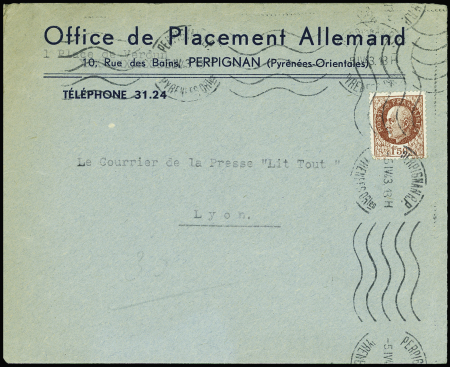 N°517 obl Perpignan RP (1943) sur lettre à en-tête "Office de placement allemand 10 rue des bains Perpignan (Pyrénes Orientales). RR et TB