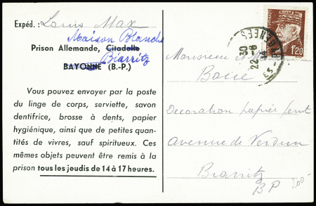 N°515 obl. Biarritz (22.6.44) sur carte postale à en-tête "Prison allemande, Citadelle Bayonne" rayée et remplacée par "maison blanche Biarritz". RR et TB