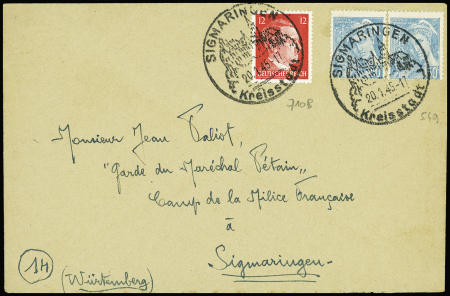 N°549 en paire en mixte avec Allemagne n°710B obl. Grand CAD "Sigmaringen Kreisstadt" (20.1.45) sur lettre adressée à un garde du maréchal Pétain. Rare et TB