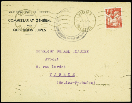 N°433 obl. Mec "Vichy Allier" (28.7.1941) sur lettre à en-tête "Vice-Présidence du Conseil commissariat général aux questions juives". RR et TB