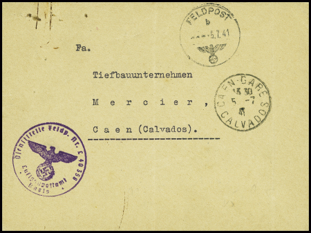Lettre en franchise avec CAD "feldpost" (1941) + CAD Caen gare et cachet violet avec aigle "Dienstelle feldp NR L. 40358 "Luftgaupostamt Paris". TB