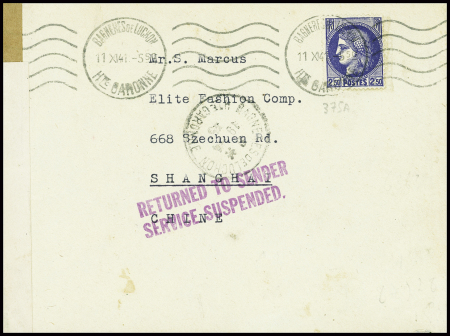 N°375A obl Bagnères de Luchon (1941) sur lettre pour Shanghaï avec griffe lilas "Returned to sender service suspended". TB