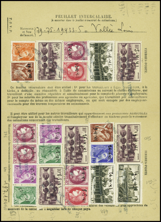 Feuillets 4 volets des assurances sociales avec impressionnant affranchissement Mercure, Cérès, Iris et gravés dont n°501, 20F Aigues Mortes. Spectaculaire et TB