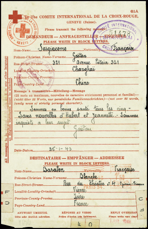 Message Croix Rouge 61A de Shanghaï pour Vienne (Isère) (1943) avec cachet ovale violet "Comité international Croix-Rouge Shanghaï". RR et TB