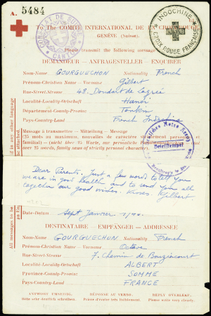 Message Croix-Rouge CICR de Hanoï (1943) pour Albert (Somme) avec cachet noir "Indochine Croix Rouge française" + cachet violet "Consulat de Suisse Canton". RR et TB