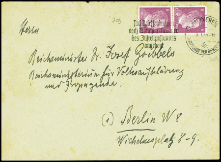 Allemagne n°709 obl. Munchen (9.1.45) sur lettre adressée à Joseph Goebbels ministre de la propagande à Berlin. TB